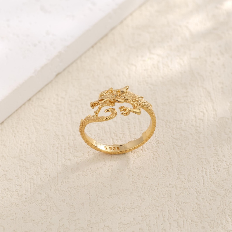 Sterling Silver Dragon Ring, Adjustable Chinese Dragon Jewelry Fantasy Ring, Gothic Statement Ring, Gold Animal Ring, Mythical Gift for Her 18k Gold