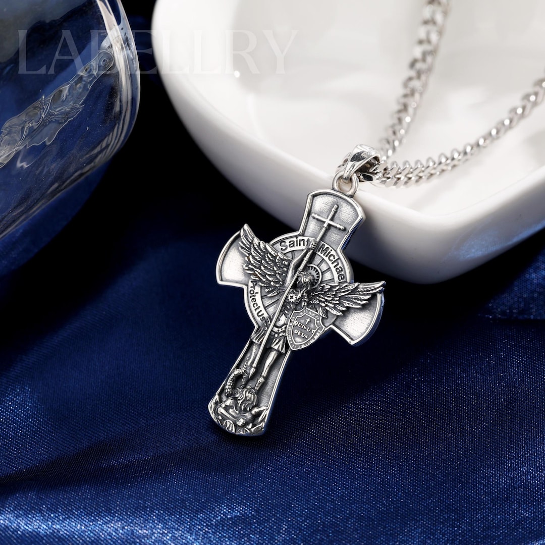 Archangel Michael Cross Necklace, Gold Plated/sterling