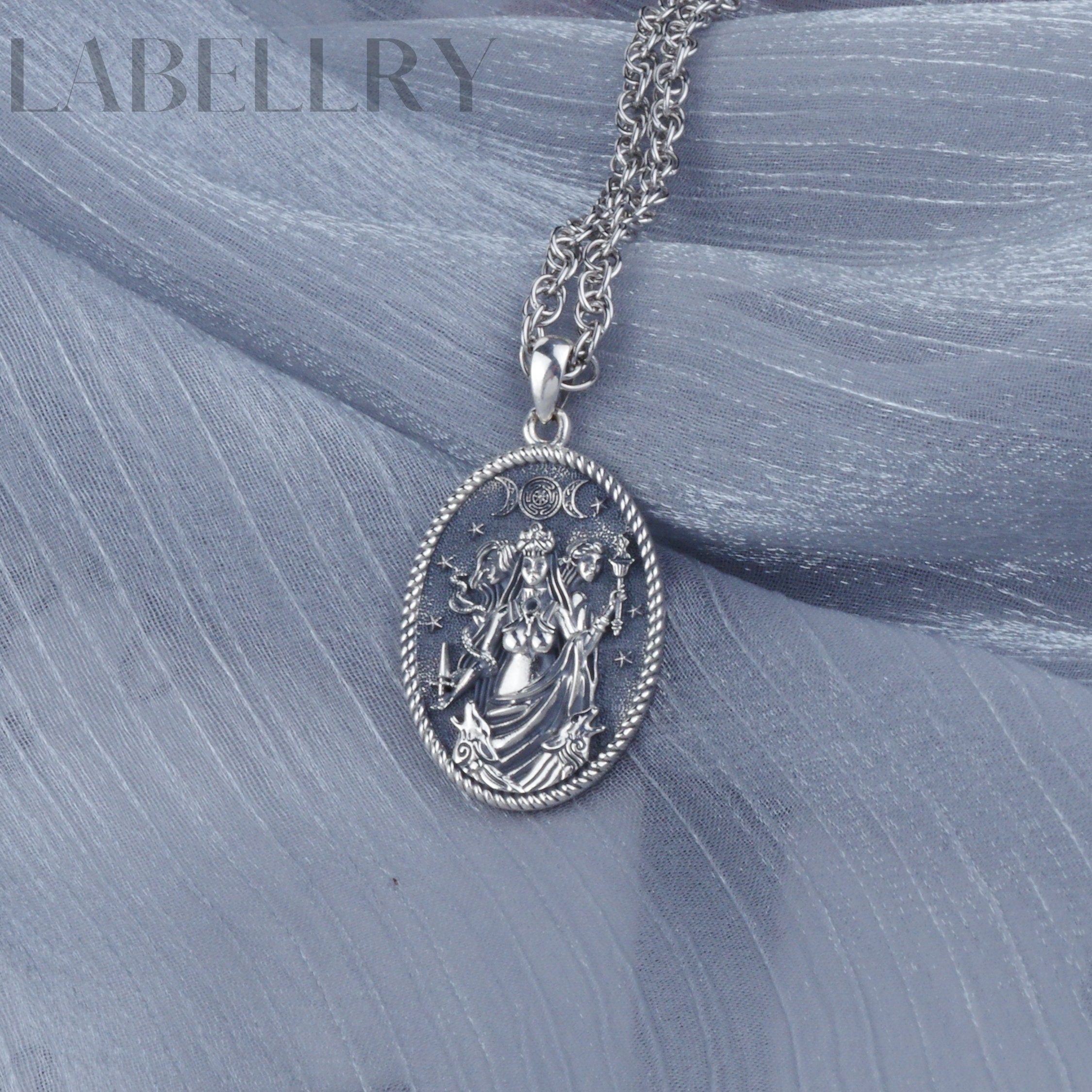 Sterling Silver Exquisite Triple Moon Goddess Necklace, Goddess Statue Medal, Full Moon Hecate Pendant, Occult Jewelry, Feminine Energy Gift