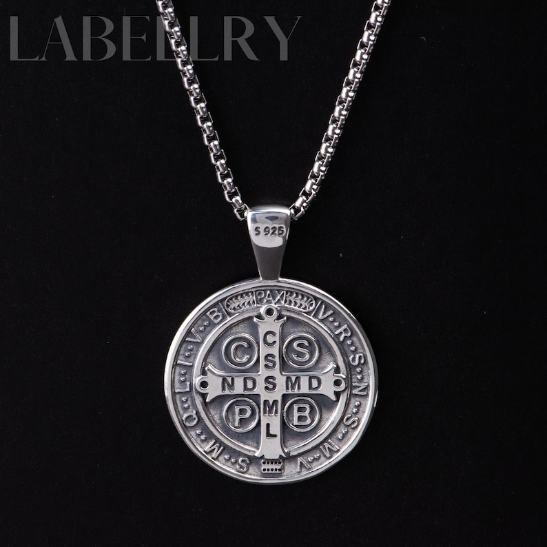 Sterling Silver Saint Benedict Medal, Exorcism St Benedict Necklace, Holy Father Benedict Cross Pendant Protection Amulet, Religious Jewelry image 2