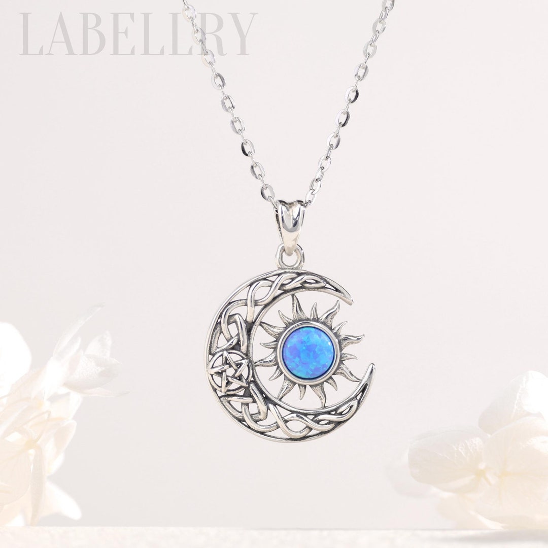 Sterling Silver Sun and Moon Necklace With Opal, Sunburst Blue Opal ...