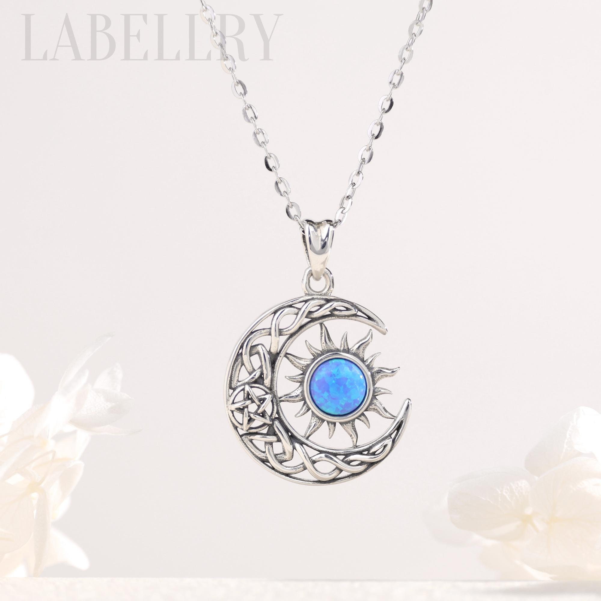 Sterling Silver Sun and Moon Necklace With Opal, Sunburst Blue Opal Pendant, Minimalist Crescent Moon, Celestial Jewelry, Chirstmas Gift