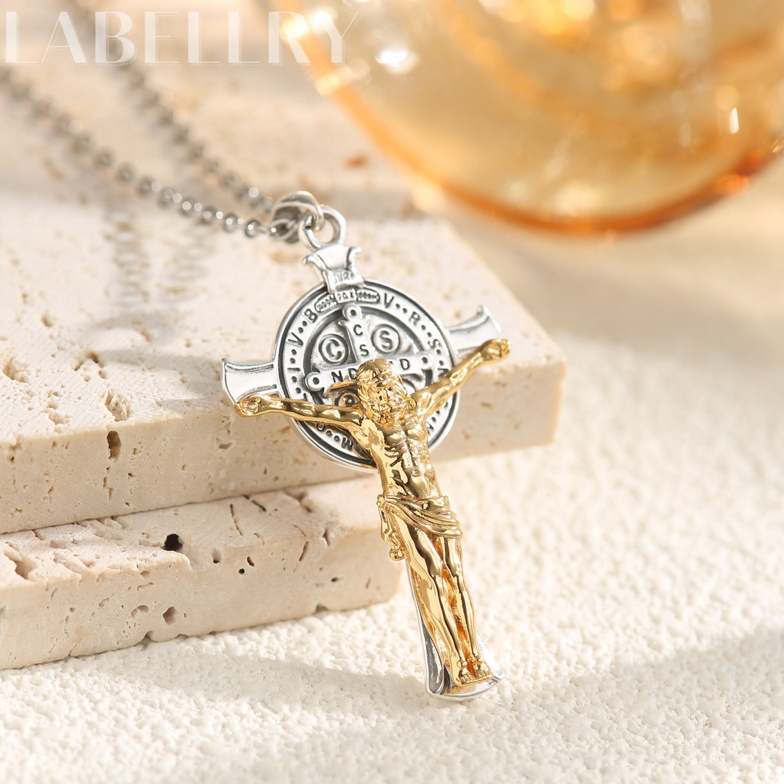 18K Gold Jesus Cross Pendant, Sterling Silver Saint Benedict Crucifix ...