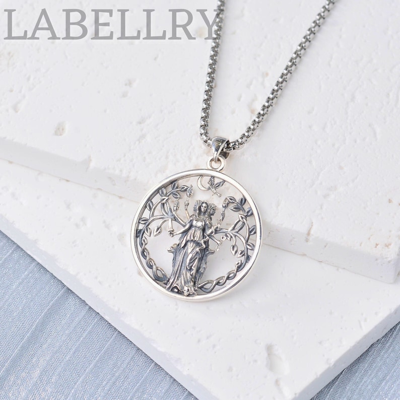 Sterling Silver Triple Moon Goddess Pendant, Entwined Tree of Life Necklace, Wiccan Moon Jewelry For Women, Spiritual Hekate Amulet Gift image 1