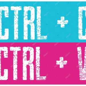 以下が含まれることがあります： 青い背景に白い文字で「CTRL + C」と書いてあります。ピンクの背景に白い文字で「CTRL + V」と書いてあります。