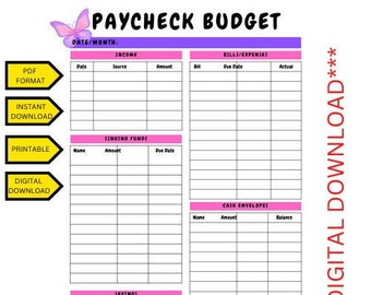 Butterfly Budget Sjabloon 8.5x11 | Volledig blad| Us Letter Grootte