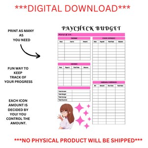 Op de afbeelding: Een digitale download van een loonstrookbudgetsjabloon met roze accenten. De sjabloon bevat secties voor inkomsten, besparingen en uitgaven. Tekst bevat "Print zoveel als je nodig hebt" en "Leuke manier om je voortgang bij te houden."