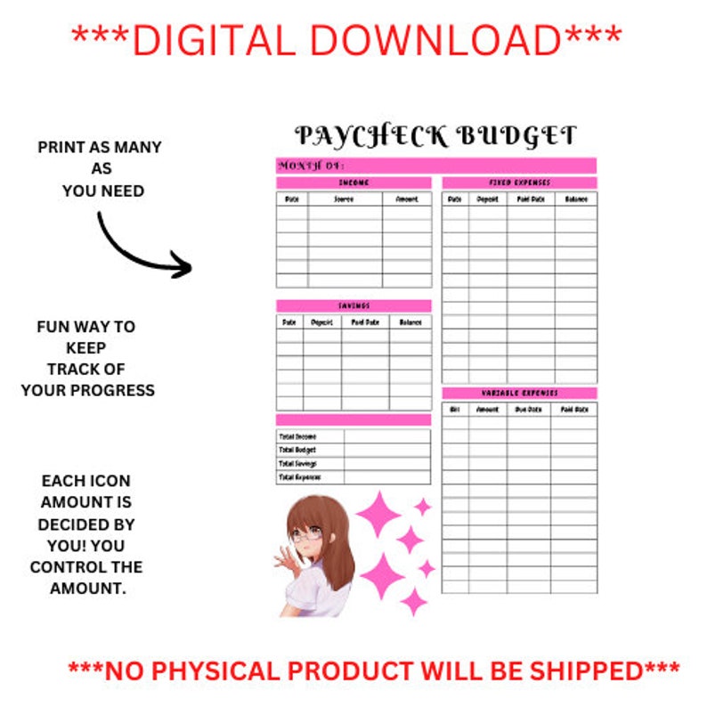 Op de afbeelding: Een digitale download van een loonstrookbudgetsjabloon met roze accenten. De sjabloon bevat secties voor inkomsten, besparingen en uitgaven. Tekst bevat "Print zoveel als je nodig hebt" en "Leuke manier om je voortgang bij te houden."