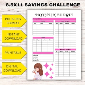 Op de afbeelding: Een afdrukbaar A4-formaat spaaruitdagingswerkblad met een roze en zwart ontwerp. Het werkblad bevat secties voor inkomsten, vaste lasten, besparingen en variabele uitgaven. De tekst bevat "Paycheck Budget".