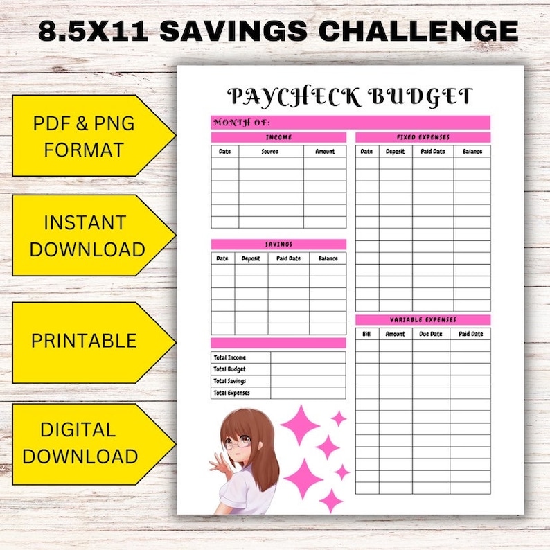 Op de afbeelding: Een afdrukbaar A4-formaat spaaruitdagingswerkblad met een roze en zwart ontwerp. Het werkblad bevat secties voor inkomsten, vaste lasten, besparingen en variabele uitgaven. De tekst bevat "Paycheck Budget".