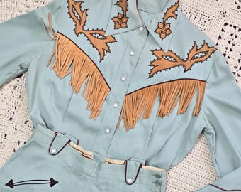 Vintage 1950-tals turkos vattengrön cowboy western lätt gabardin rockabilly byxdräkt L XL