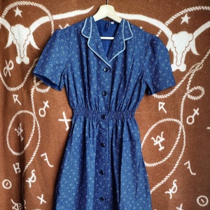 Vintage 1930s 1940s Indigo Calico Print Workwear Work Day Dress S/M image 2
