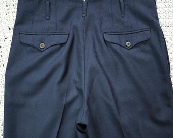 Vintage 1940s French Trousers, Double Pleated Navy Striped Wool