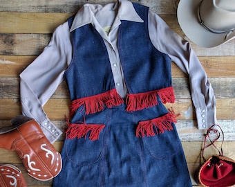 Vintage 1940s 1950s Blue Denim Western Suit Skirt and Bolero Vest Set Medium