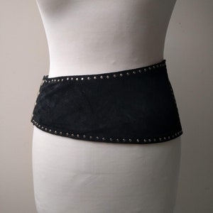 Vintage 1980s 1990s Asymmetrical Black Suede Elastic Band Belt with Metal Studs