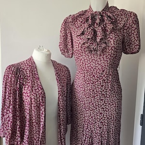 Vintage 1930s French two-piece set printed sheer chiffon Dress and Vest Bolero