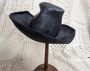 Vintage 1930s French Straw Witch dramatic hat Fine black straw small tilted hat.