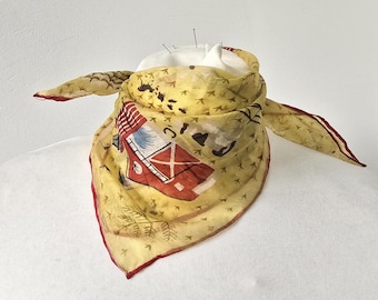 Vintage 1950s Western Midwestwern Farmland Hillbilly Novelty Silk Scarf