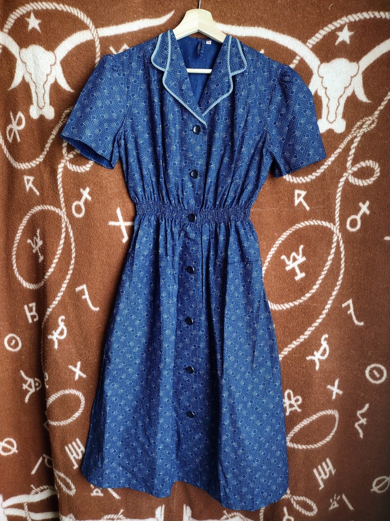 Vintage 1930s 1940s Indigo Calico Print Workwear Work Day Dress S/M image 2