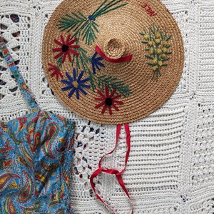 Vintage 1950s French Sun Straw Hat Floral Embroideries Large Brim