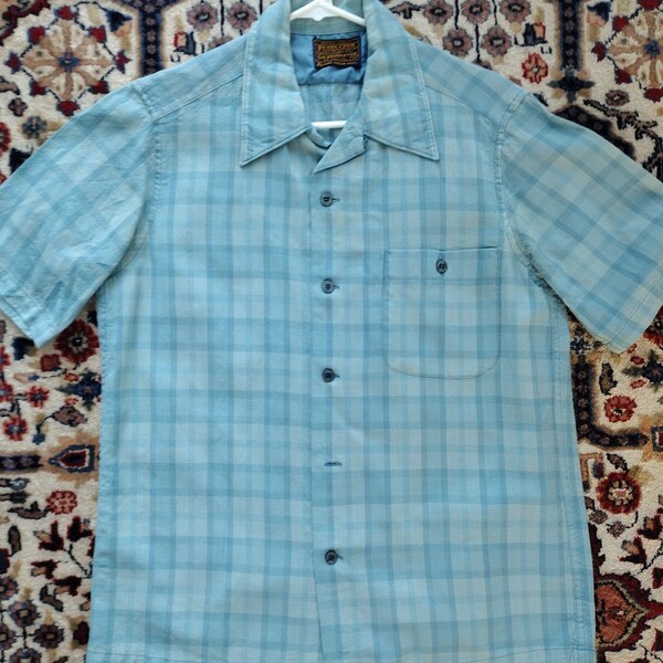 Vintage Pendleton Wool Shirt Short Sleeves Blue Turquoise Plaid