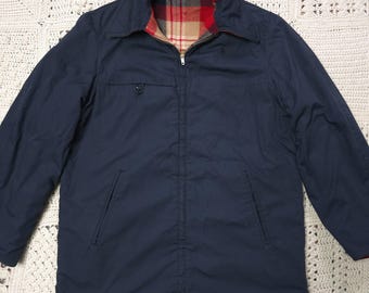 Vintage 1960s 1970s Reversible Car Coat and Windbreaker by Pendleton Red blue and Beige Plaid