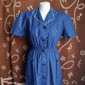 Vintage 1930s 1940s Indigo Calico Print Workwear Work Day Dress S/M image 1