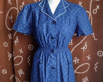 Vintage 1930s 1940s Indigo Calico impresión ropa de trabajo vestido de día de trabajo S/M