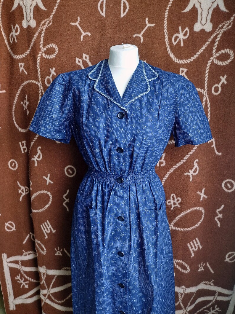 Vintage 1930s 1940s Indigo Calico Print Workwear Work Day Dress S/M image 1