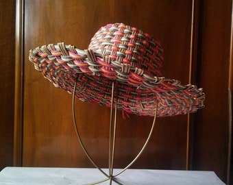 Vintage 1950s 1960s Calypso Panama Weave Straw Sun Hat Multicolor Trinidad VLV