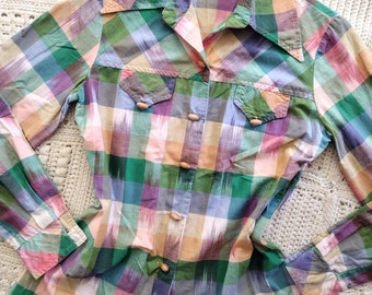Vintage 1970s 1980s Western Cowgirl Plaid Shirt Blouse Country