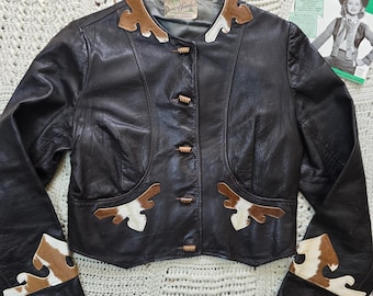 Jaqueta vintage de couro estilo western, curta, dos anos 1940, com detalhes em pele de pônei (P/M)