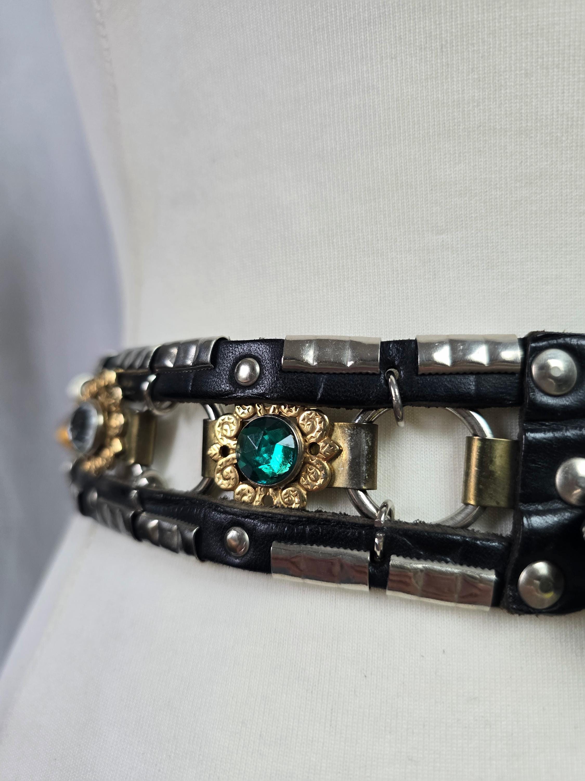 Vintage JOSE COTEL Rhinestone Leather Belt: 1980s Biker 
