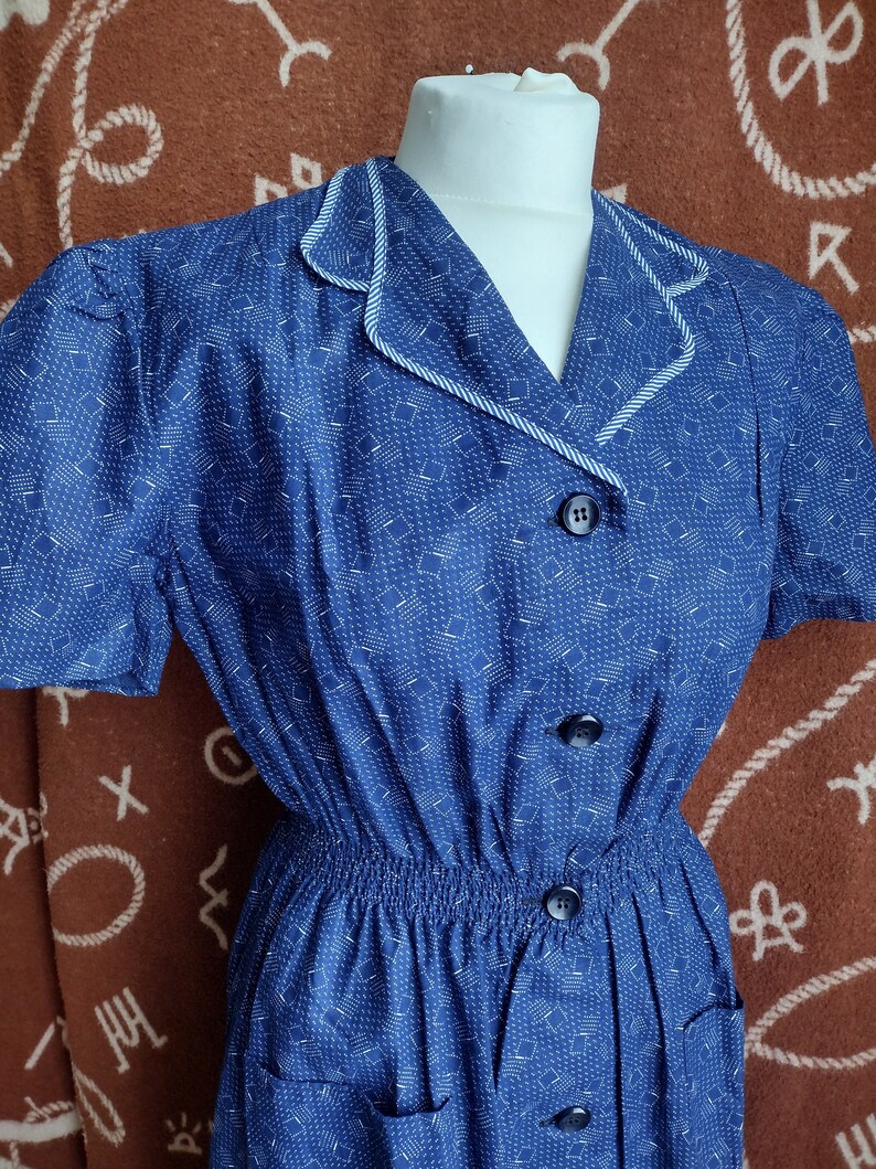 Vintage 1930s 1940s Indigo Calico Print Workwear Work Day Dress S/M image 8