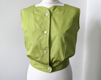 Vintage 1950s Chartreuse Lindgrün Baumwolle bauchfreies Oberteil Bluse Ärmellos Medium