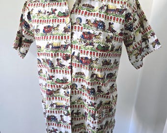 Vintage 1950s Novelty Western Shirt Overshirt Cowboy and Indians Shotgun shell