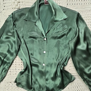 Vintage 1930s 1940s Liquid Satin Silk Shirt Blouse Balloon Bishop Sleeves M Green
