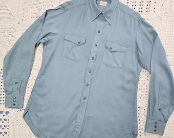 Vintage 1940s 1950s Western Blue Grey Gabardine Shirt L