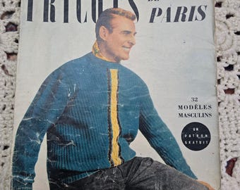 RARE Tricots de Paris 1950s Menswear Fashion Knitting Magazine Book Patterns