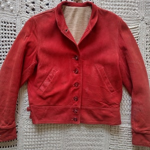 RESERVED - 1930s 1940s Cropped Cossack Jacket Red Suede Leather Adjustable Cinch Waist M