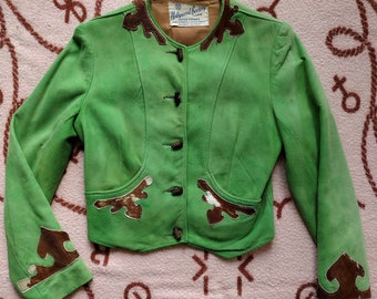 Vintage 1930s 1940s Cropped Jacket Western Cowgirl Green Suede Leather and Pony Fur Trim XS S