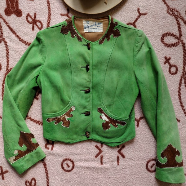 Vintage des années 1930 des années 1940 recadrée veste Western Cowgirl cuir daim vert et garniture de fourrure de poney XS S