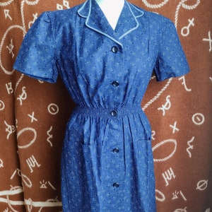 Vintage 1930s 1940s Indigo Calico Print Workwear Work Day Dress S/M image 3