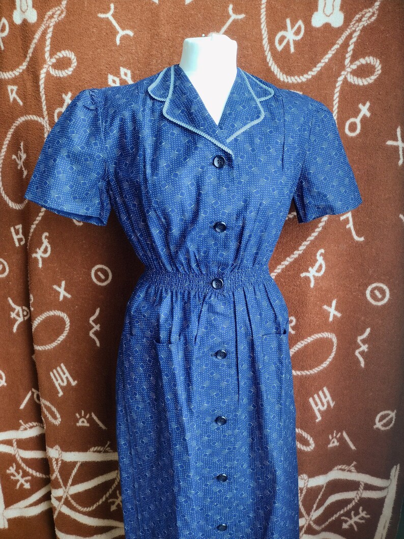 Vintage 1930s 1940s Indigo Calico Print Workwear Work Day Dress S/M image 3