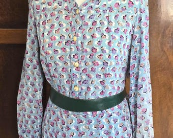 1940s French Floral Printed Pleated Dress