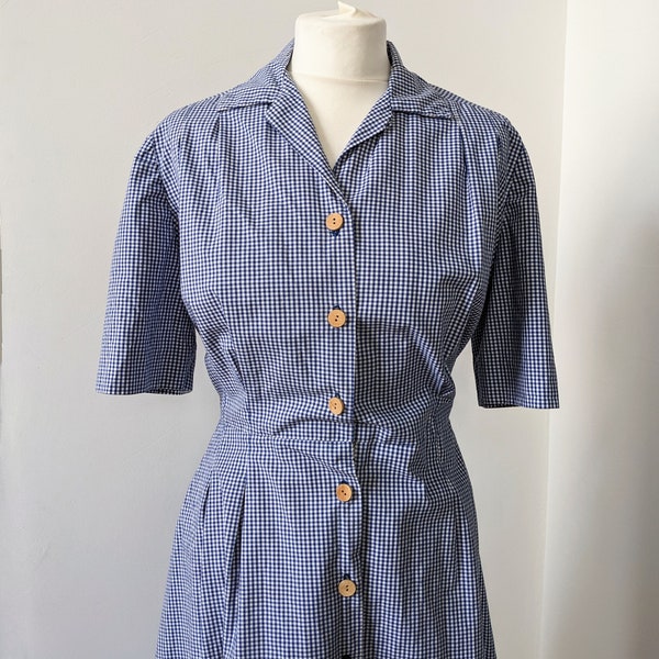Vintage 1940s 1950s Blue Gingham Cotton Day Dress L XL