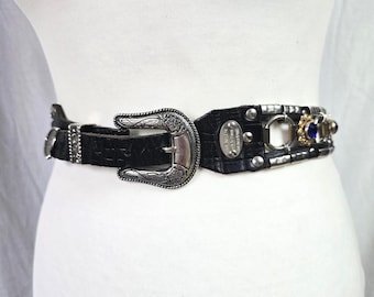 Cinturón vintage de piel con diamantes de imitación de JOSE COTEL: estilo motero western de los años 80