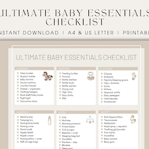 May include: A checklist for new parents with a beige background and illustrations of baby items. The checklist is divided into categories: Nursery, Feeding, Clothing, Nursing, Sleep, and Safety. Each category lists essential items for a new baby.