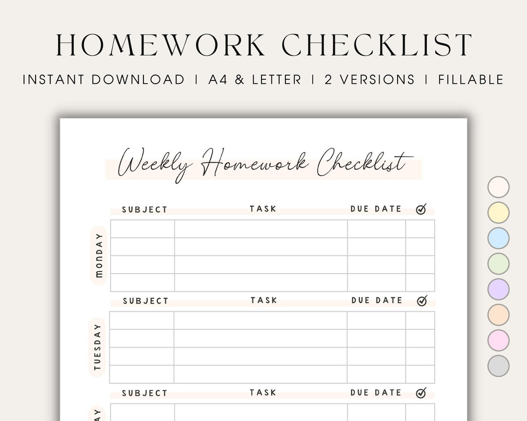 Homework Checklist Printable Student Planner for Students Planner ...