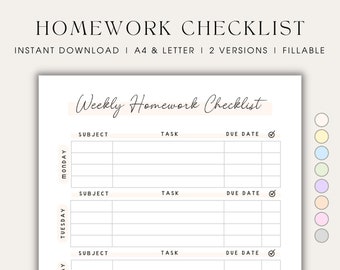 Homework Checklist Printable Student Planner for Students Planner Digital Homework Planner College Student Planner Daily Study Planner PDF